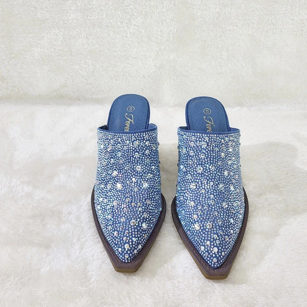 NIB Vibes Western Cowgirl Denim Slip On Shoes Mules / Clogs Iridescent Rhinesto - Picture 9 of 9